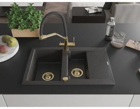 Mexen Gaspar, granitový drez 737x475x177 mm, 1,5-komorový a drezová batéria Duo, čierna škvrnitá, 6507-76-671701-57-G