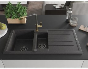 Mexen Andres, 1,5-komorový granitový drez 1000x500x200 mm a drezová batéria Flora, čierna škvrnitá, 6515-76-670401-75-B
