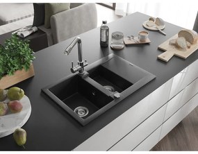 Mexen Gaspar, granitový drez 737x475x177 mm, 1,5-komorový, chrómová batéria Duero, čierna, 6507-77-671600-00