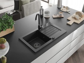 Mexen Pablo, granitový drez 752x436x161 mm, 1-komorový, čierna-strieborná metalíza s čiernym sifónom, 6510751010-73-B