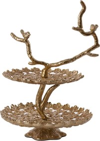 Bronzový kovový 2-poschodový etažér s vtáčikmi Tresa Bird Antique - 37*35*53 cm