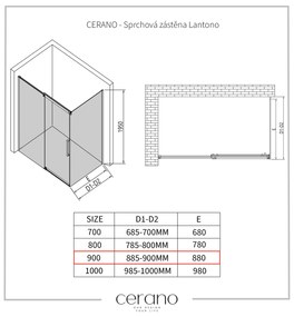 CERANO - Sprchová zástena pre dvere Lantono L/P - 8 mm - čierna matná, grafitové sklo - 90x195 cm - jednodielna pevná, CER-CER-8050BD7246