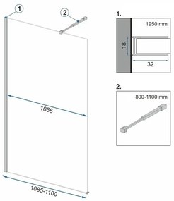 Rea Aero, sprchová zástena typu Walk-In 110cm, 8mm číre sklo, čierny profil + polica a vešiak EVO, KPL-K0597