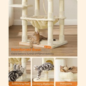 Mačací strom, škrabadlo s 2 výhliadkami, výška 143 cm, béžový