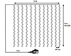 Vianočný svetelný záves - 3x6 m, 600 LED, studeno biely