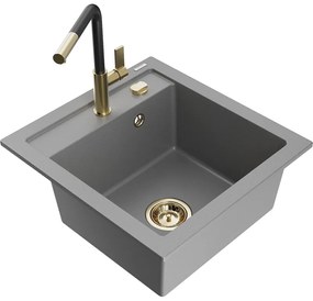 Mexen Vito, 1-komorový granitový drez 490x520x210 mm a drezová batéria Flora, šedá, 6503-71-670401-57-G