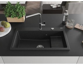 Mexen Omar, 1-komorový granitový drez 800x480x210 mm, čierna-strieborná metalíza, chrómový sifón, 6520801005-73