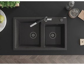 Mexen Tomas, 2-komorový granitový drez 800x500x190 mm a drezová batéria Flora, čierna škvrnitá, 6516-76-670401-07-B