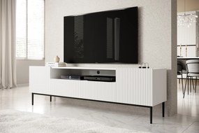 TV stolík Nicole 200 cm s otvorenou priehradkou a zásuvkami - biely mat / čierne nožičky