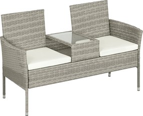 Outsunny Záhradná lavička pre 2 osoby s centrálnym stolíkom, oceľový gauč z PE ratanu a polyesteru, 137x59x82 cm, šedá a krémová | Aosom