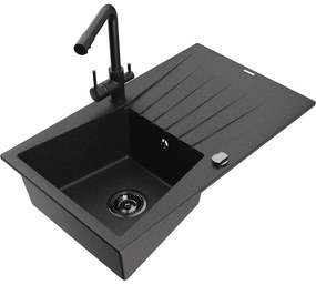 Mexen Cesar, granitový drez 775x470x190 mm, 1-komorový a čierna matná batéria Duero, čierna - strieborná metalíza, 6514-73-671600-70-B