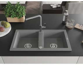 Mexen Mario, 2-komorový granitový drez 820x436x161 mm a drezová batéria Flora, šedá, 6504-71-670401-06
