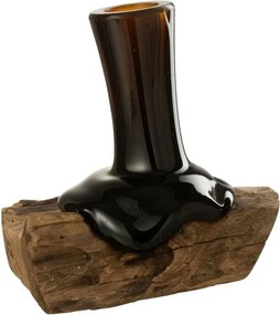 Hnedá váza z recyklovaného skla na dreve Gamal - 16*12*19 cm