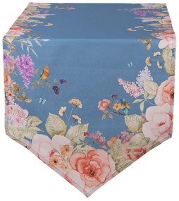 Modrý bavlnený behúň s kvetmi Flower & Fiesta - 50*160 cm