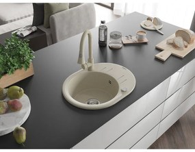 Mexen Kevin, 1-komorový granitový drez 586x458x190 mm a drezová batéria Elia, béžová, 6517-69-670101-69