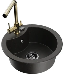 Mexen Diego, 1-komorový granitový drez 488x488x167 mm, zlatá batéria Duero, čierna - zlatá metalíza, 6512-75-671600-50-B