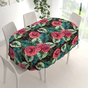 Biante Bavlnený oválny obrus Sandra SA-566 Veľké tropické kvety a listy na čiernom 100x140 cm