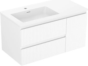 Mexen Rivel, kúpeľňová skrinka 90 cm s ľavým umývadlom Otis, 2S, 1D, drážkovaná, biela matná, 91A23-09047-3-BBFFF01-W18L01