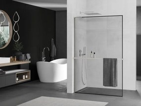 Mexen Kioto+ L, sprchová zástena Walk-In s poličkou a vešiakom 100 x 200 cm, 8mm číre sklo čierny vzor, brúsená oceľ profil, 800-100-123-97-70