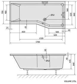 Polysan, VERSYS R asymetrická vaňa 170x84x70x47cm, biela, 70611