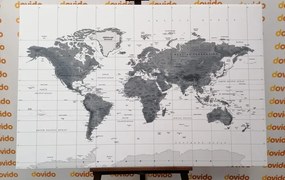 Obraz nádherná mapa sveta v čiernobielom prevedení