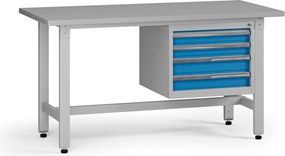 Výškovo nastaviteľný dielenský stôl G5, 1500 x 750 x 800-1000 mm, 1x kontajner, 4 zásuvky, modrá