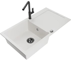 Mexen Leo, 1-komorový granitový drez 900x500x190 mm a drezová batéria Flora, biela, 6501-20-670401-70-B