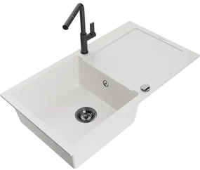 Mexen Leo, 1-komorový granitový drez 900x500x190 mm a drezová batéria Flora, biela, 6501-20-670401-70-B