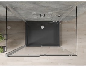 Mexen Omega, 3-stenový sprchovací kút s posuvnými dverami 140 (dvere) x 90 (stena) x 190 cm, 8mm číre sklo, chrómový profil + čierna sprchová vanička SLIM, 825-140-090-01-00-3S-4070