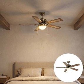 Stropný ventilátor mosadz s drevenou potlačou a ratanom 105 cm s ťahovým spínačom - Mistral Majas