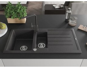 Mexen Andres, granitový drez 1000x500x200 mm, 1,5-komorový, čierna škvrtnitá s chrómovým sifónom a čierna škvrnitá drezová batéria Rita, 6515-76-670300-76