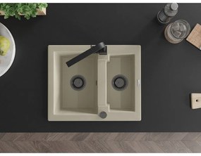 Mexen Carlos, 1,5-komorový granitový drez s odkvapkávačom 582x475x177 mm a čierna kuchynská batéria Rita, béžová, 6518-69-670300-70