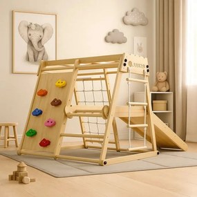 Detské vnútorné drevené ihrisko so šmykľavkou, lezeckou sten