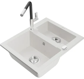 Mexen Carlos, 1,5-komorový granitový drez 582x475x177 mm a drezová batéria Flora, biela, 6518-20-670401-07