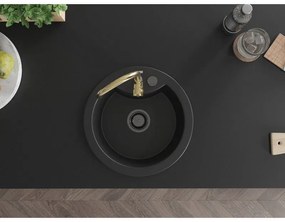 Mexen Diego, 1-komorový granitový drez 488x488x167 mm, čierny sifón, zlatá lesklá batéria Telma, čierna, 6512-77-670200-50-B