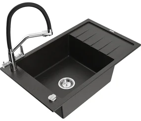 Mexen Elias, 1-komorový granitový drez 795x480x200 mm a drezová batéria Duo, čierna-zlatá metalíza, 6511-75-671701-07