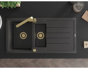 Mexen Andres, granitový drez 1000x500x200 mm, 1,5-komorový, čierna škvrnitá so zlatým sifónom a zlatá drezová batéria Rita, 6515-76-670300-50