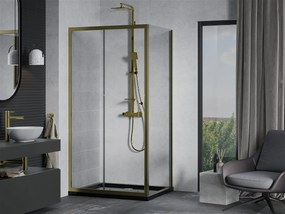 Mexen Apia sprchovací kút s posuvnými dverami 110 (dvere) x 100 (stena) cm, 5mm číre sklo, zlatý profil + čierna sprchová vanička SLIM, 840-110-100-50-00-4070G
