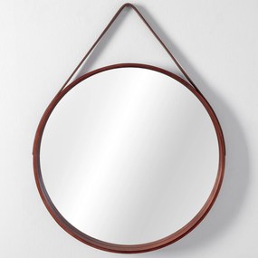 Dekorstudio Tmavo hnedé drevené okrúhle Retro zrkadlo na koženom páse Rozmer zrkadla: priemer 50cm