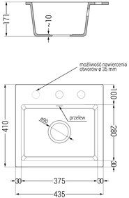 Mexen Milo, granitový drez 435x410x171 mm, 1-komorový, čierna škvrnitá so zlatým sifónom, 6505441000-76-G