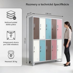 Skriňa BOZP odevná 10-dverová sivo-pastelová: BARTEK 1360 x 1720 x 450 mm