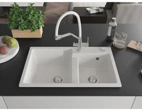 Mexen Tomas, 2-komorový granitový drez 800x500x190 mm  a kuchynská batéria Duo, biela, 6516-20-671701-02