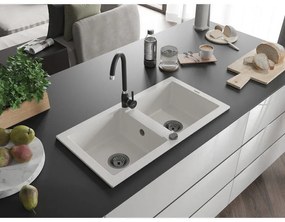 Mexen Mario, granitový drez 820x436x161 mm, 2-komorový, biela s čiernym sifónom, 6504822000-20-B