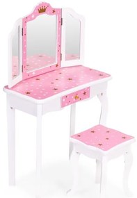 Detský kozmetický stolík s trojitým zrkadlom a taburetkou