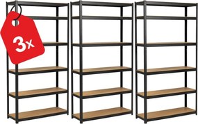 Akcia 3x Regál 220x90x60 cm lakovaný 6-policový, nosnosť 1050 kg - čierny