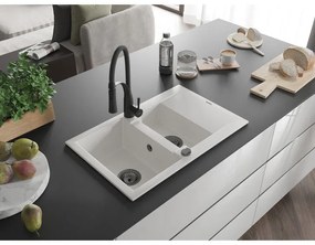 Mexen Gaspar, 1,5-komorový granitový drez 737x475x177 mm a drezová batéria Aster, biela, 6507-20-73450-70-B