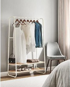 Stojan na oblečenie, s 2 policami, 6 háčikmi v tvare S, oceľový rám, dubová a biela farba