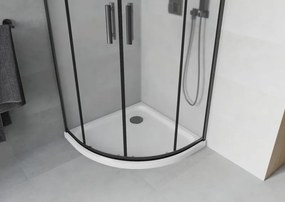 Mexen Rio, štvrťkruhový sprchovací kút s posuvnými dverami 80(dvere) x 80(dvere) x 190 cm, 6mm sklo námraza, čierny profil + biela sprchová vanička SLIM, 863-080-080-70-30-4110B