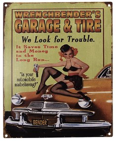 Farebná antik nástenná kovová ceduľa Garage & Tire - 20*1*25 cm