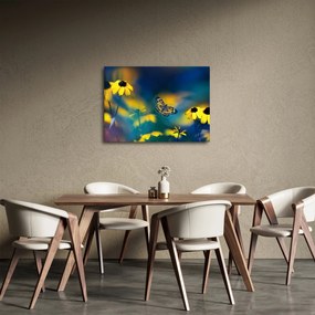 Obraz - Žltý motýľ s kvetmi (70x50 cm)